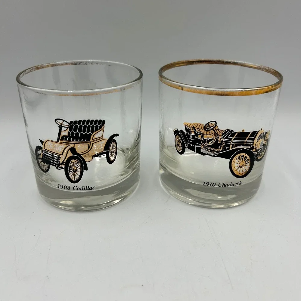 Whiskey Glasses Gold Clear Vintage Car Set of 2 Good